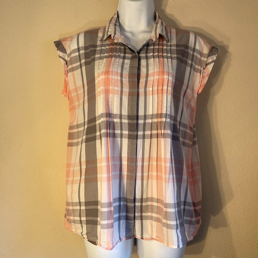 Designed & Crafted Plaid Sleeveless Top Pintuck Covered Placket Swing Size S